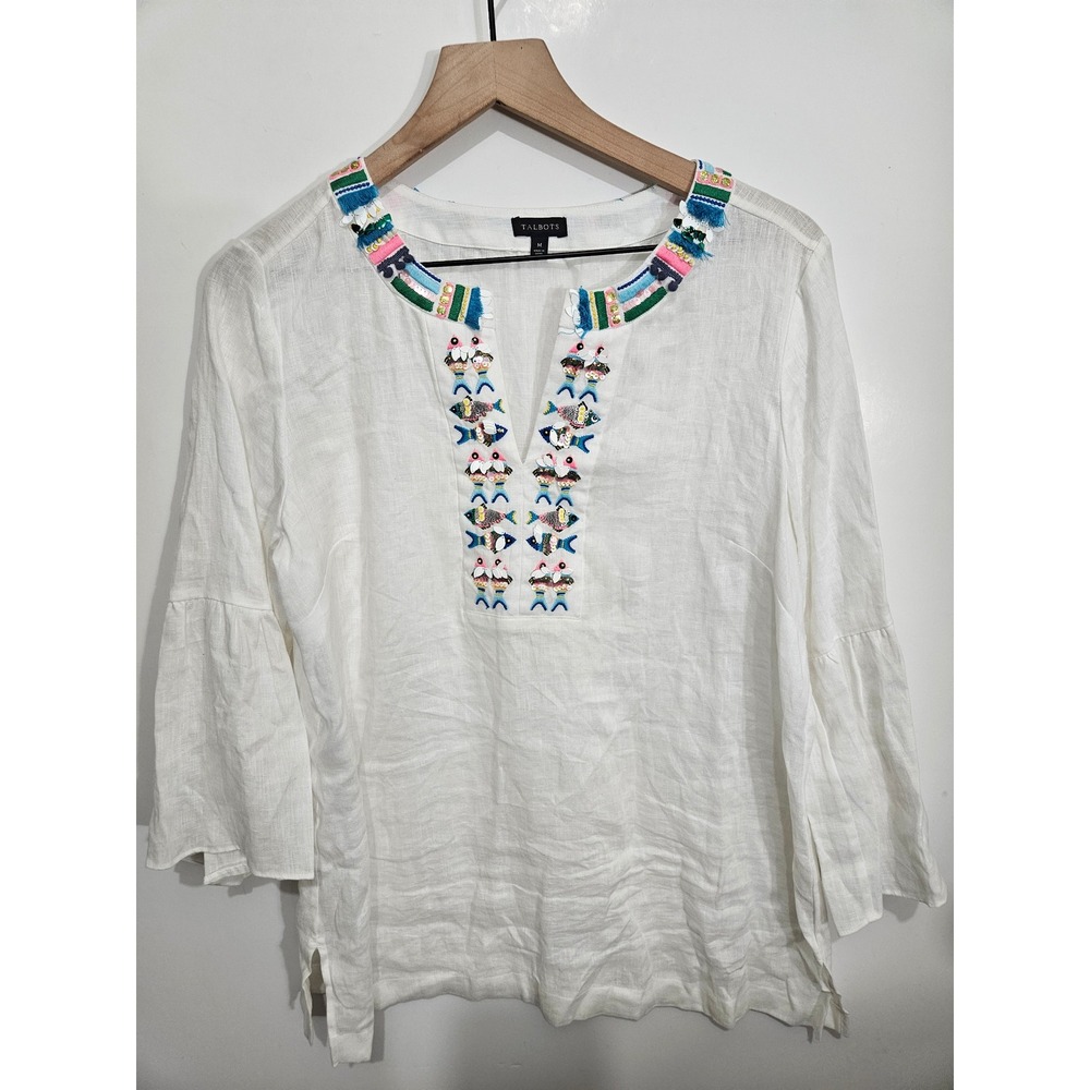 Talbots Womens White 100%‎ Linen Fish Embroidered Sequin Tunic Top Bell Sleeve M